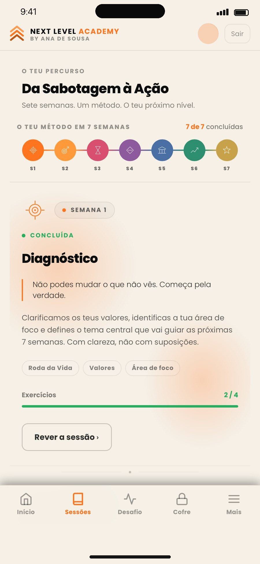 Ecrã da app com o percurso e o progresso das 7 semanas